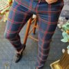 Pantaloni de barbati bleumarin in patratele rosii, croiala slim-fit, conici   - PN536