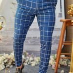 Pantaloni de barbati albastru patratele, croiala slim-fit, elastici si conici  - PN524
