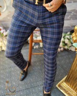 Pantaloni de barbati bleumarin in patratele, croiala slim-fit, conici - PN538