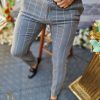 Pantaloni de barbati gri in dungi, croiala slim-fit, elastici si conici  - PN527