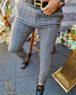 Pantaloni de barbati gri in dungi, croiala slim-fit, elastici si conici  - PN527