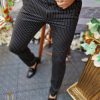 Pantaloni de barbati negri in dungi albe, croiala slim-fit, conici  - PN529
