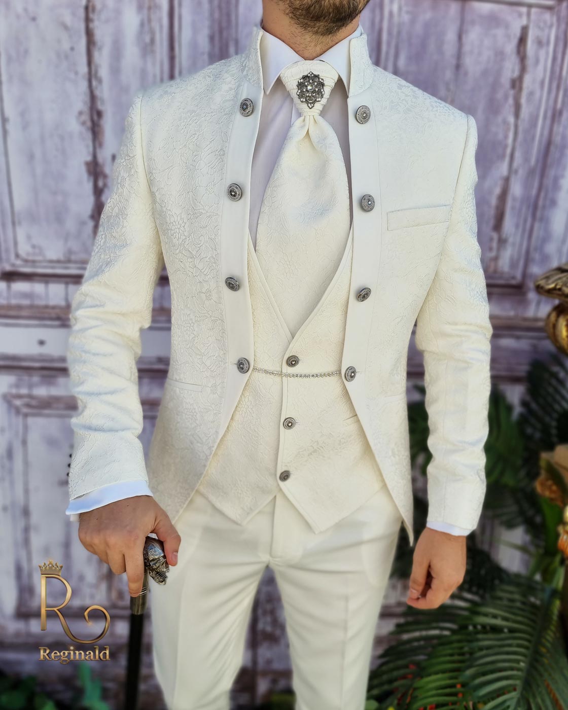 Costum ceremonie ginere/mire alb ivoire, Sacou-Vesta-Pantalon-Cravata - C3150 - imagine 6