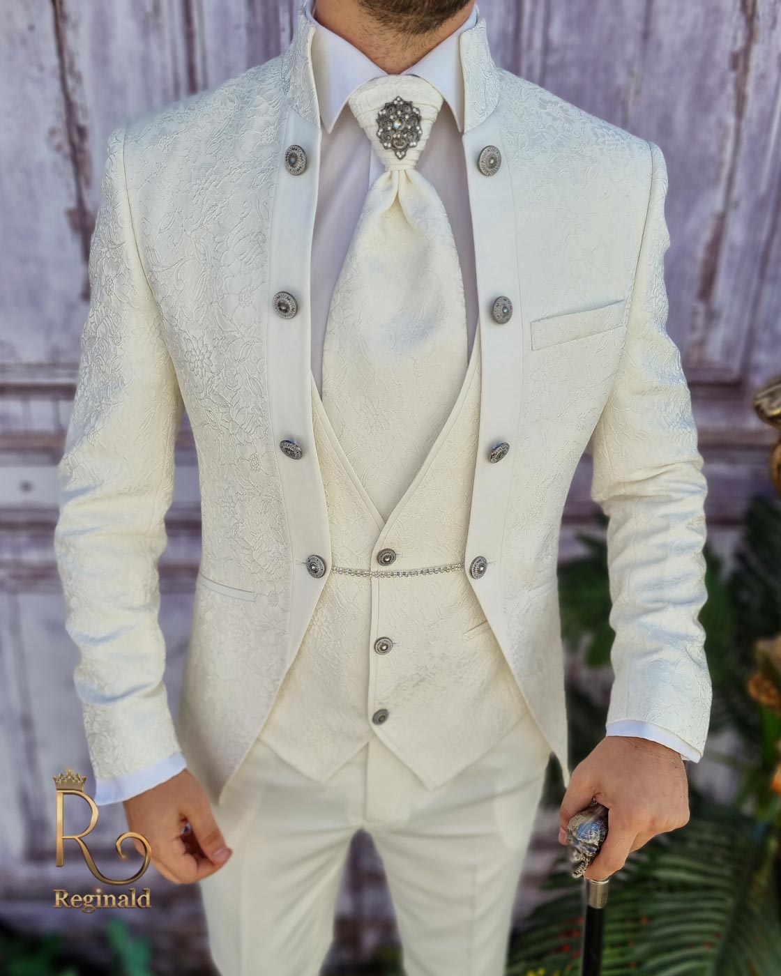 Costum ceremonie ginere/mire alb ivoire, Sacou-Vesta-Pantalon-Cravata - C3150 - imagine 7