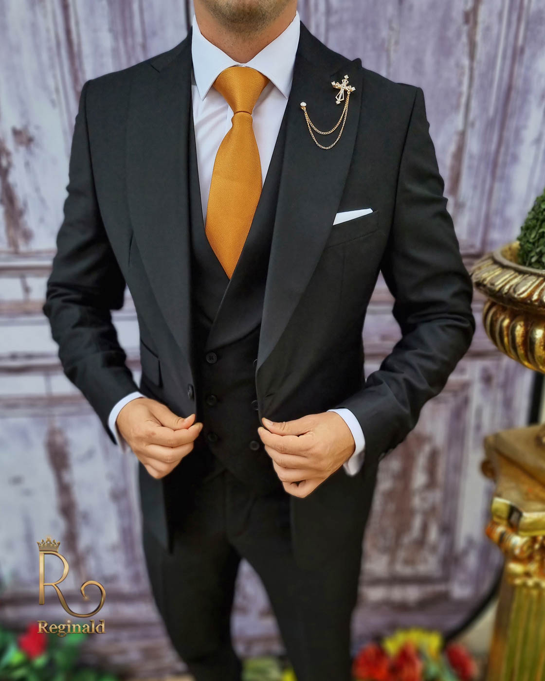 Costum negru, Sacou, Vesta si Pantalon din lana 200`S, slim-fit - C3213