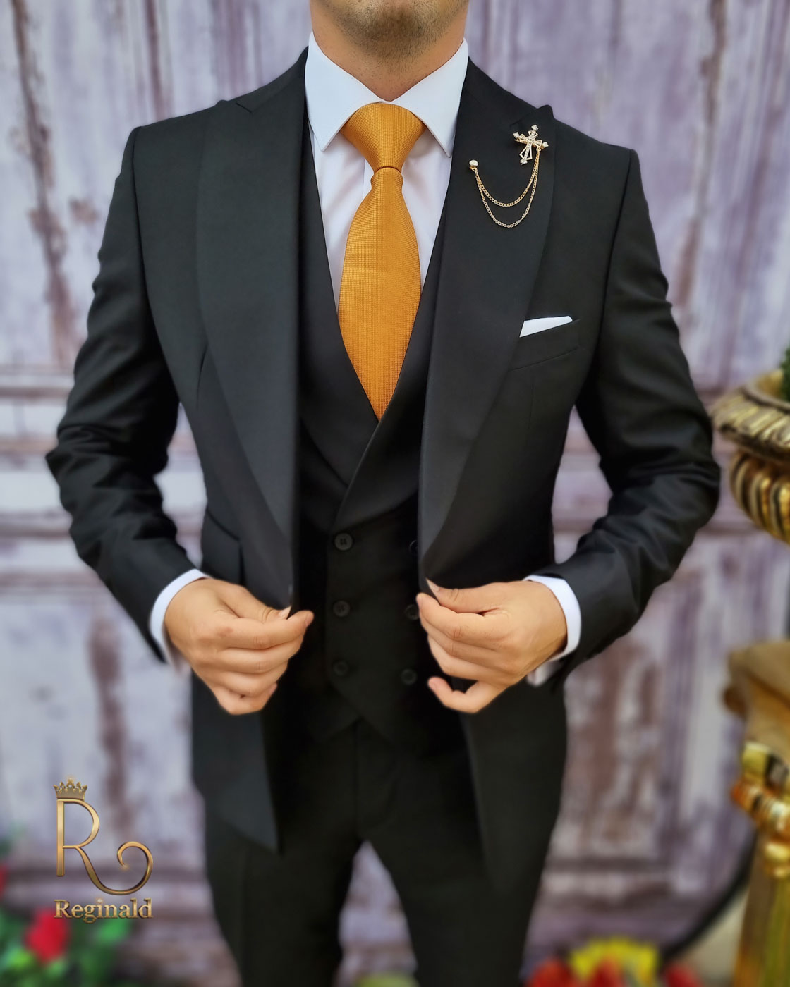 Costum negru, Sacou, Vesta si Pantalon din lana 200`S, slim-fit - C3213 - imagine 2