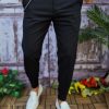 Pantaloni de barbati, Negri, Casual Slim Fit, Conici cu lanț - PNT205