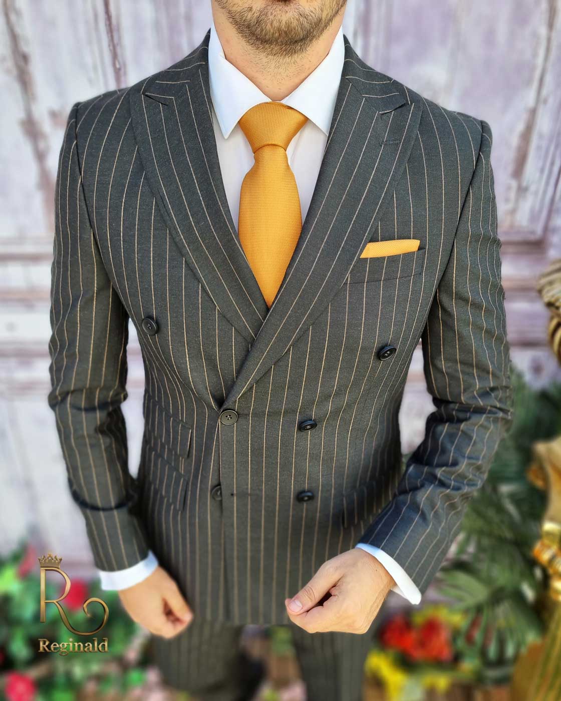 Costum gri in dungi, Sacou si Pantalon ,100% lana, croiala slim-fit - C3197 - imagine 2