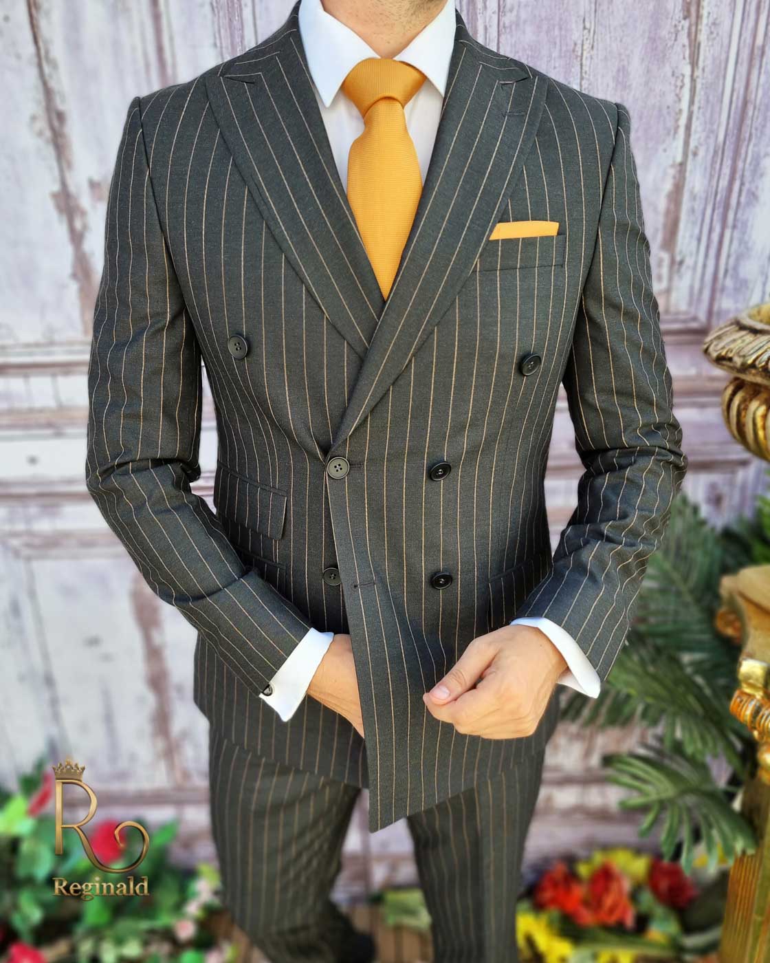 Costum gri in dungi, Sacou si Pantalon ,100% lana, croiala slim-fit - C3197 - imagine 3