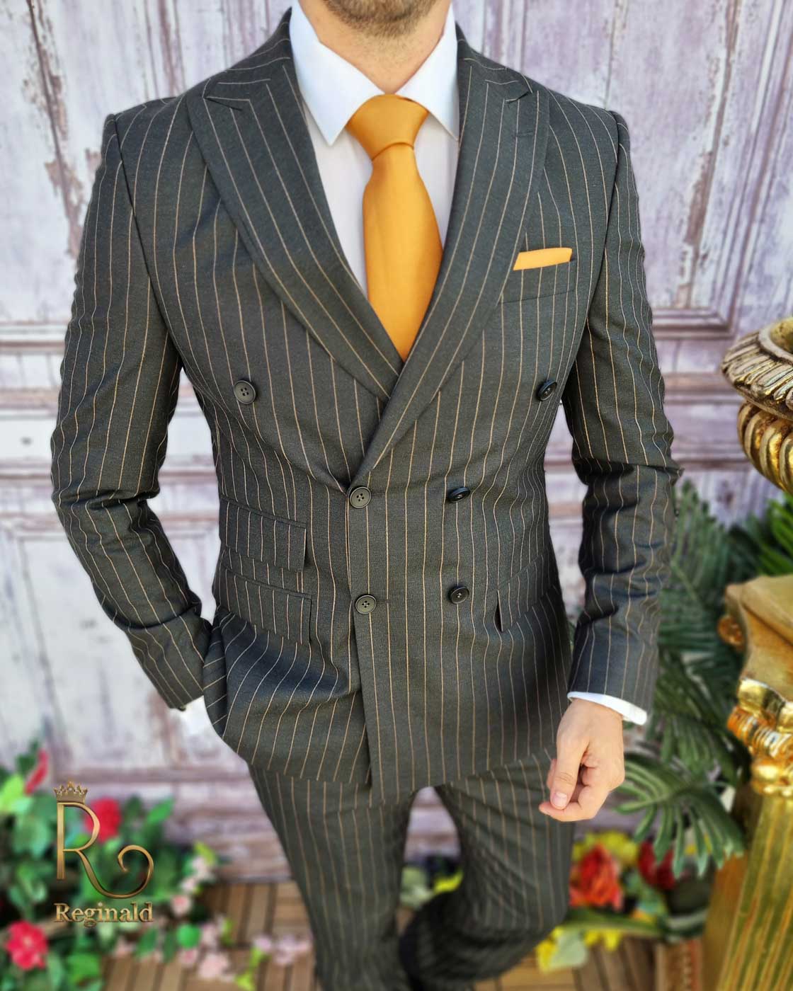 Costum gri in dungi, Sacou si Pantalon ,100% lana, croiala slim-fit - C3197 - imagine 4