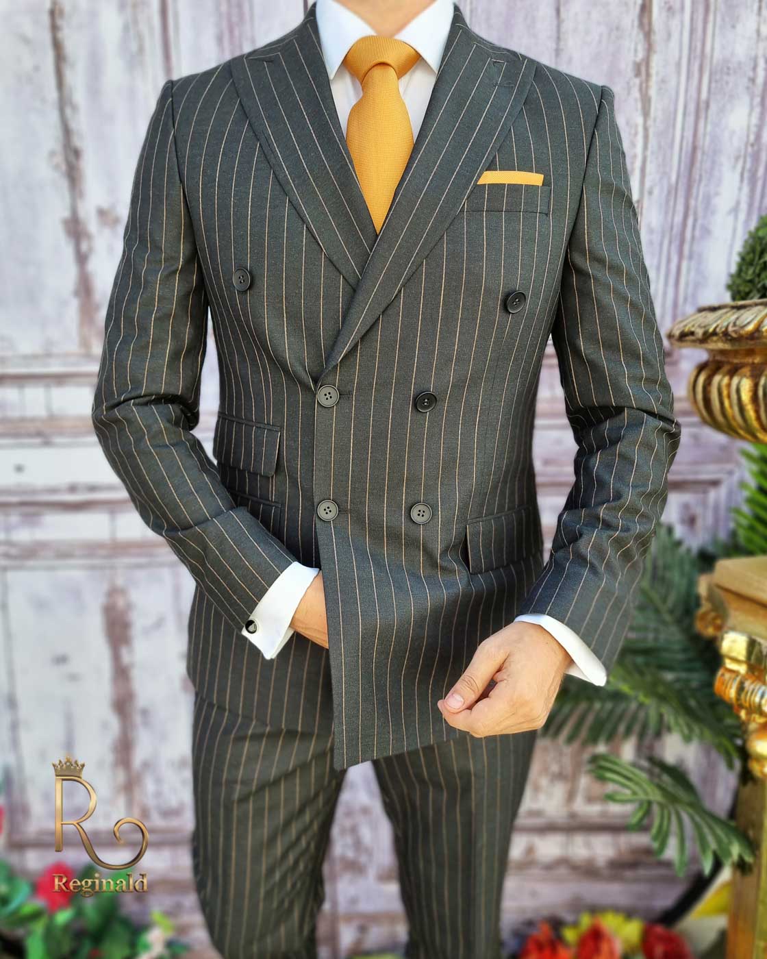 Costum gri in dungi, Sacou si Pantalon ,100% lana, croiala slim-fit - C3197 - imagine 5