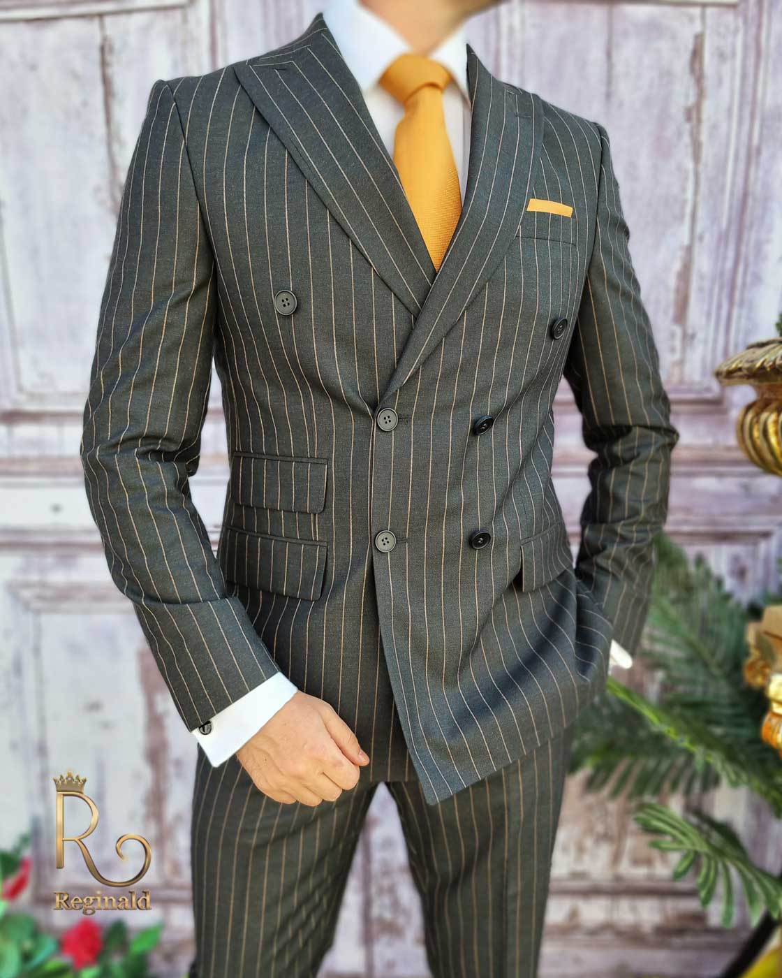 Costum gri in dungi, Sacou si Pantalon ,100% lana, croiala slim-fit - C3197 - imagine 6