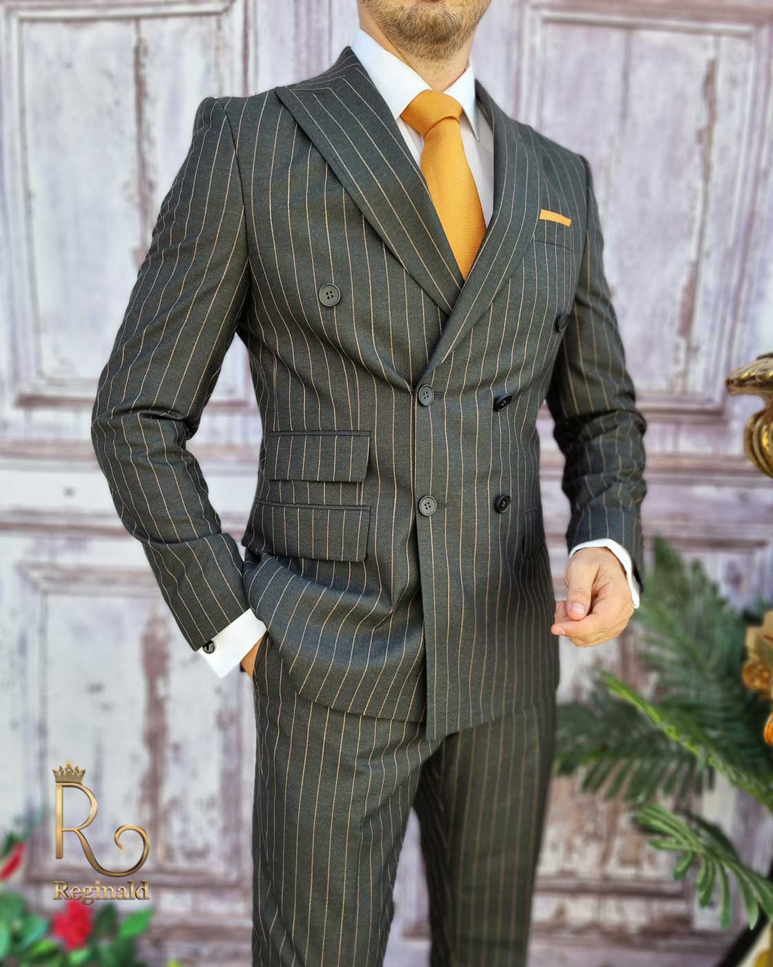 Costum gri in dungi, Sacou si Pantalon ,100% lana, croiala slim-fit - C3197 - imagine 8