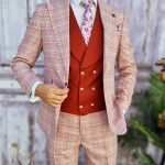 Costum bărbătesc, Slim Fit, Sacou, Vesta roșie si Pantalon - C3153