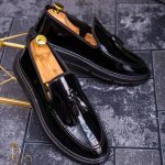 Men's casual loafers, Black patent leather, Black chunky sole – AD290