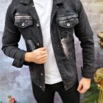 Geaca de blug pentru barbati, Slim Fit, Neagra cu imprimeuri - GB127