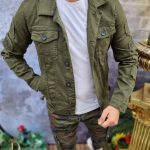 Giacca in denim da uomo, Slim Fit, verde con stampe - GB133
