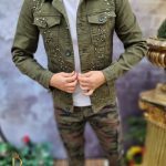 Veste en jean pour homme, coupe slim, verte avec des boutons - GB125