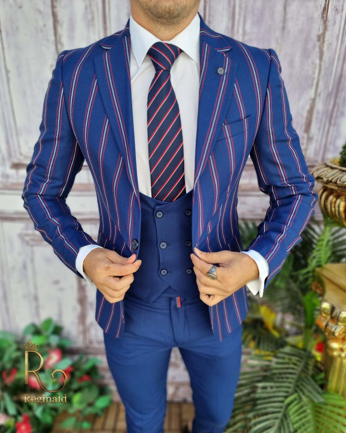 Navy blue Slim Fit 2 Piece Striped Suit for Men by BespokeDailyShop.com