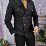Men's elegant suit, Black with gold cufflinks, Blazer and Trousers - C3375