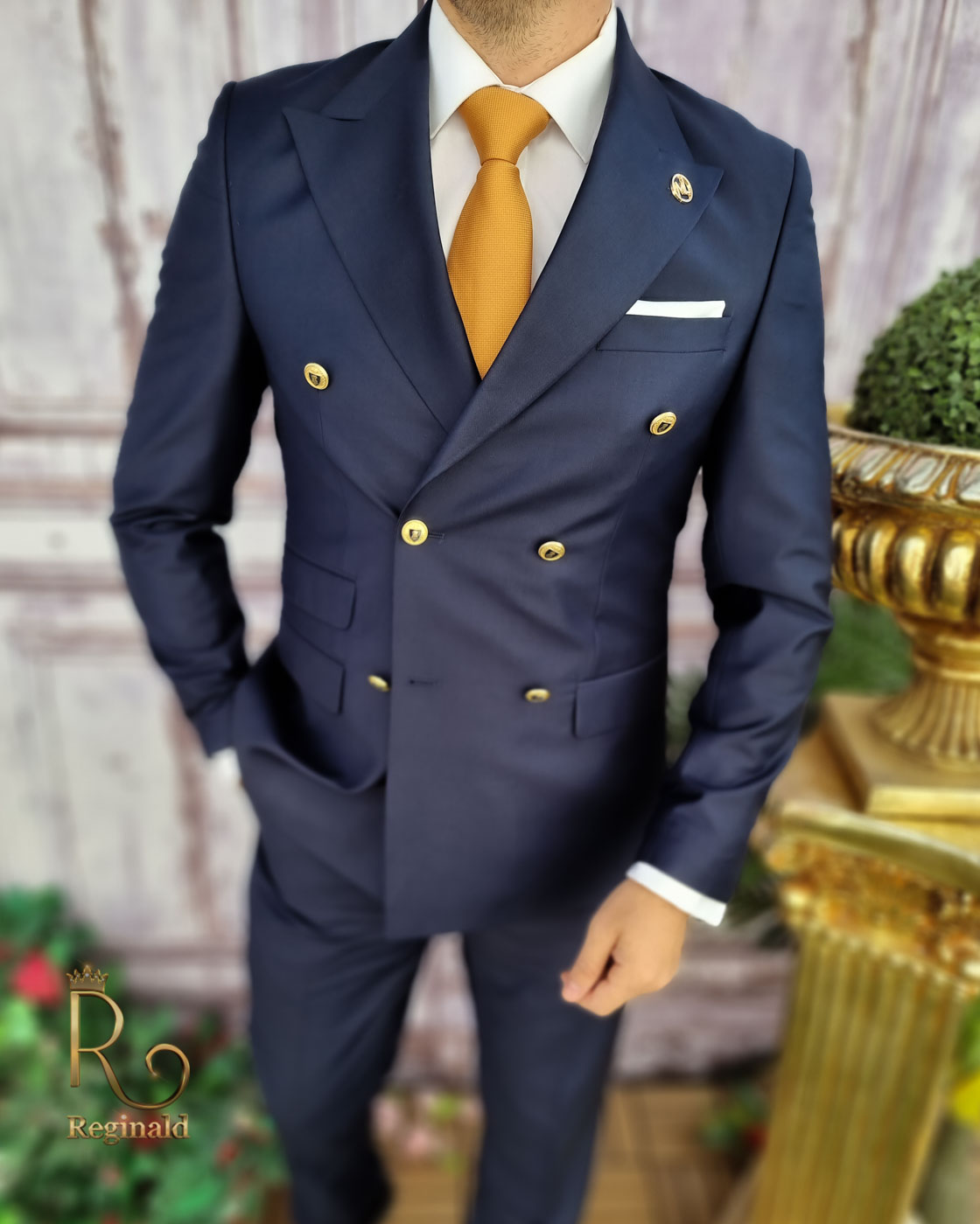 Costum de barbati elegant bleumarin cu butoni aurii Sacou si Pantalon - C3376