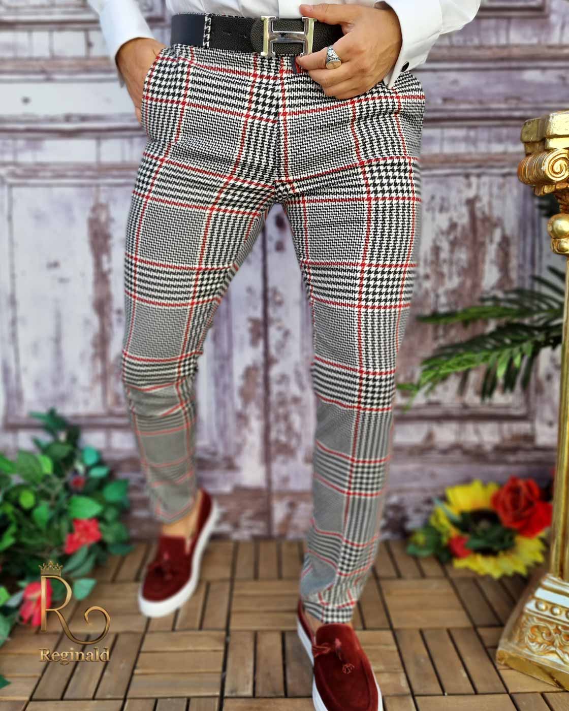 Pantaloni eleganți de bărbați, Slim Fit, Gri in carouri - PN582