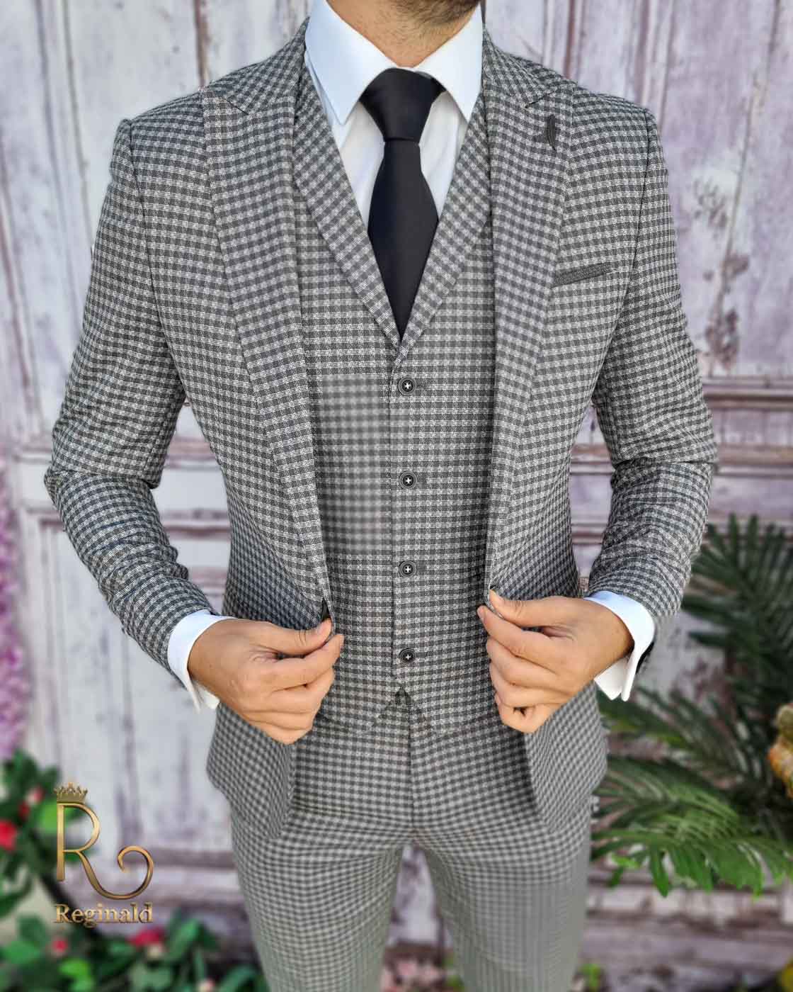 Costum de barbati slim-fit gri in carouri mici, Sacou+Vesta+Pantalon - C3371 - imagine 4