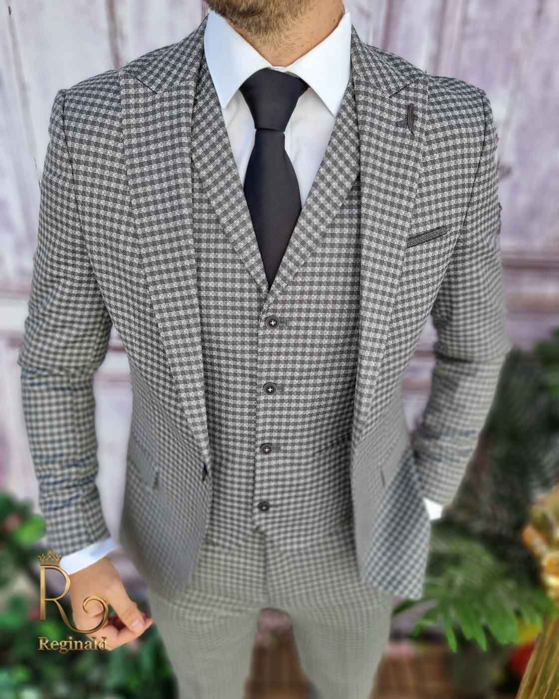 Costum de barbati slim-fit gri in carouri mici, Sacou+Vesta+Pantalon - C3371 - imagine 3