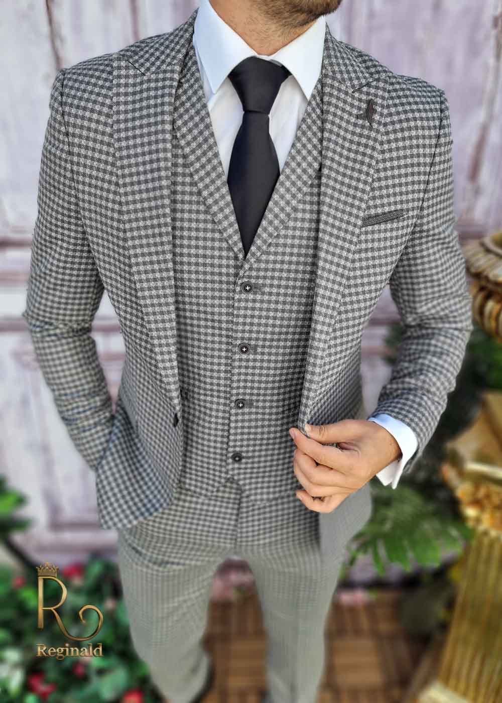 Costum de barbati slim-fit gri in carouri mici, Sacou+Vesta+Pantalon - C3371 - imagine 5