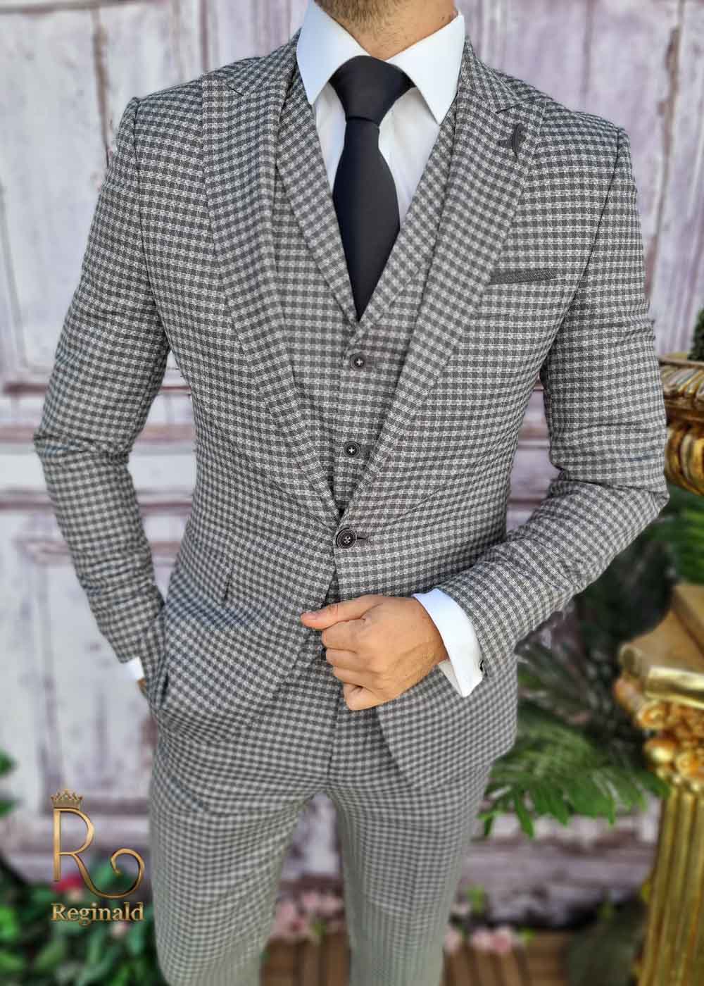Costum de barbati slim-fit gri in carouri mici, Sacou+Vesta+Pantalon - C3371 - imagine 6