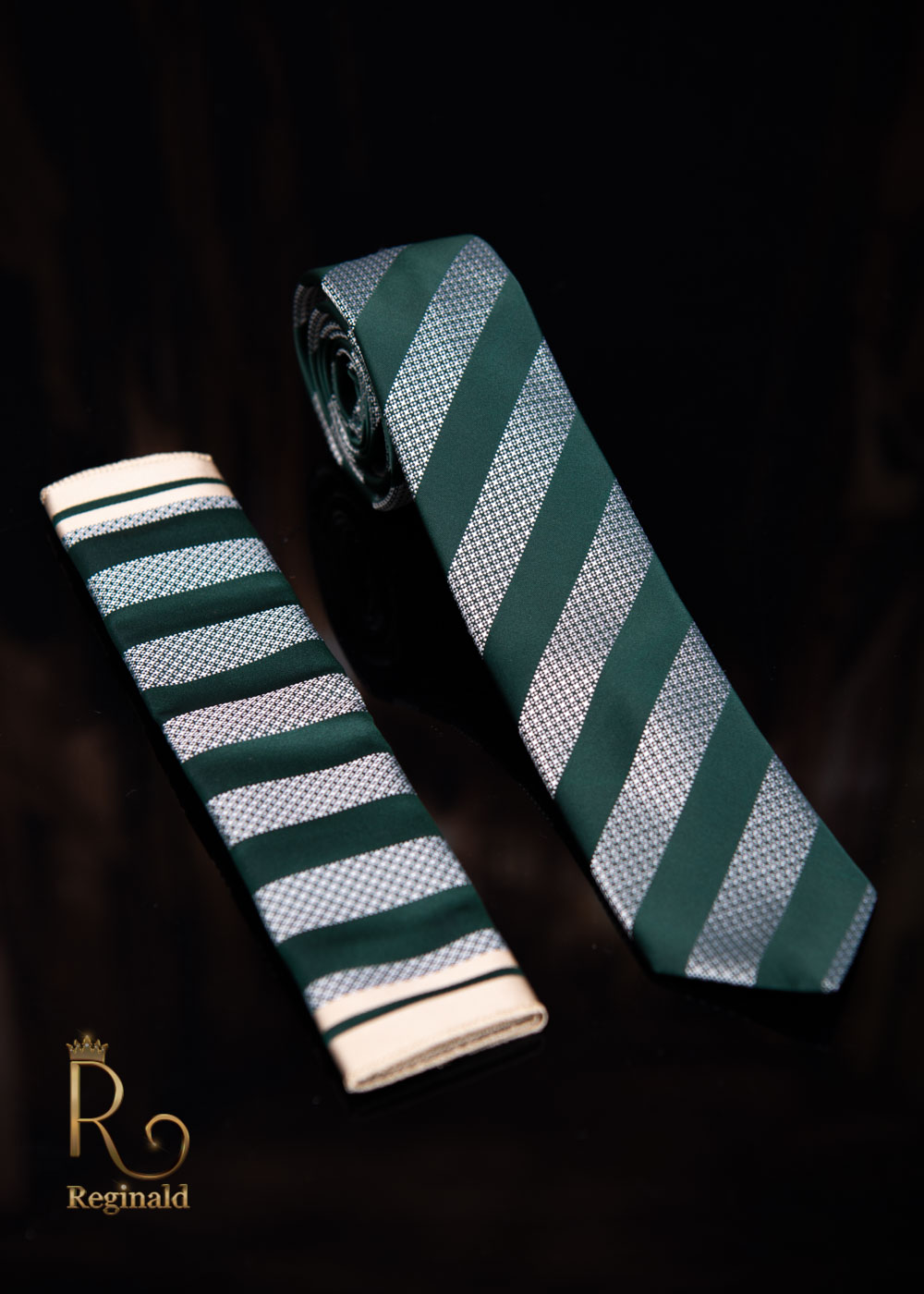 Cravata cu batista, verde cu dungi oblice gri - CV513