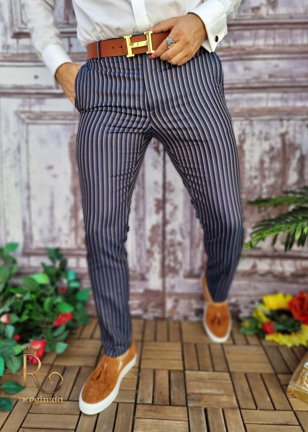 Pantaloni eleganți de bărbați, Slim Fit, Bleumarin cu dungi - PN605