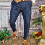 Pantaloni eleganți de bărbați, Slim Fit, Bleumarin cu dungi - PN586