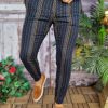 Pantaloni eleganti, bleumarin in dungi, conici si elastici - PN563