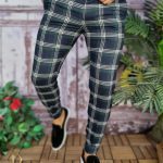 Pantaloni eleganti, bleumarin in carouri verzi, conici si elastici - PN566