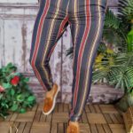 Pantaloni eleganti, bleumarin in dungi, conici si elastici - PN565