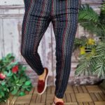 Men's navy blue striped, tapered and stretchy trousers - PN561