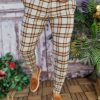 Pantaloni eleganti, bej in carouri maro, conici si elastici - PN562