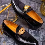 Men's genuine leather loafers, black with gold accessory - P1358