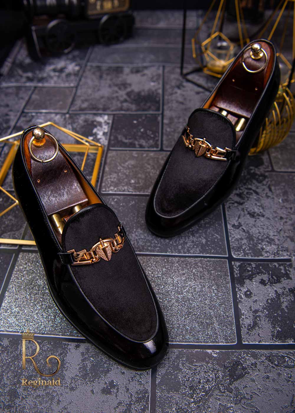 dead Word cotton Pantofi Mocasini eleganti barbatesti din piele naturala, negru lacuit si  velur - P1316