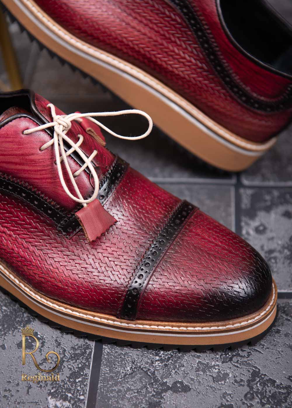 Pantofi Casual barbatesti din piele naturala, bordo cu talpa inalta - P1321