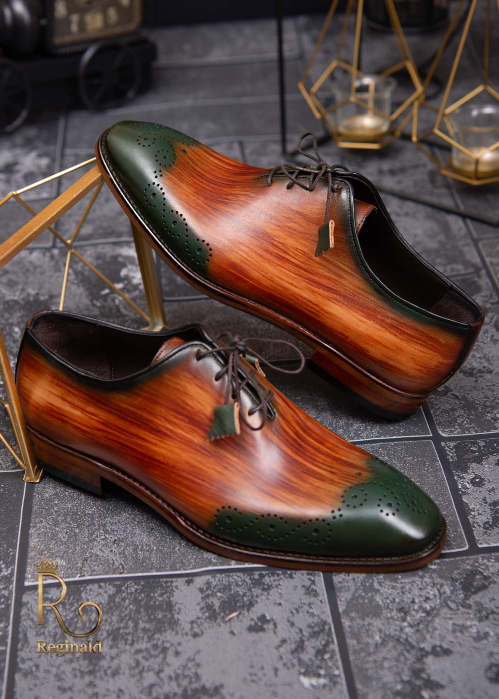 Pantofi eleganti barbatesti din piele naturala, maro - varf verde - P1310