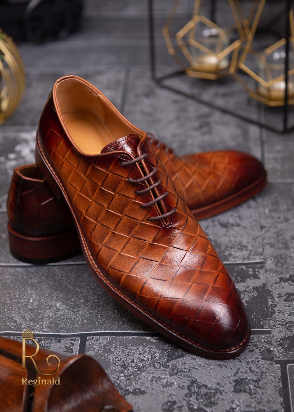 Pantofi eleganti de barbati din piele naturala, maro cu model impletit - P1341