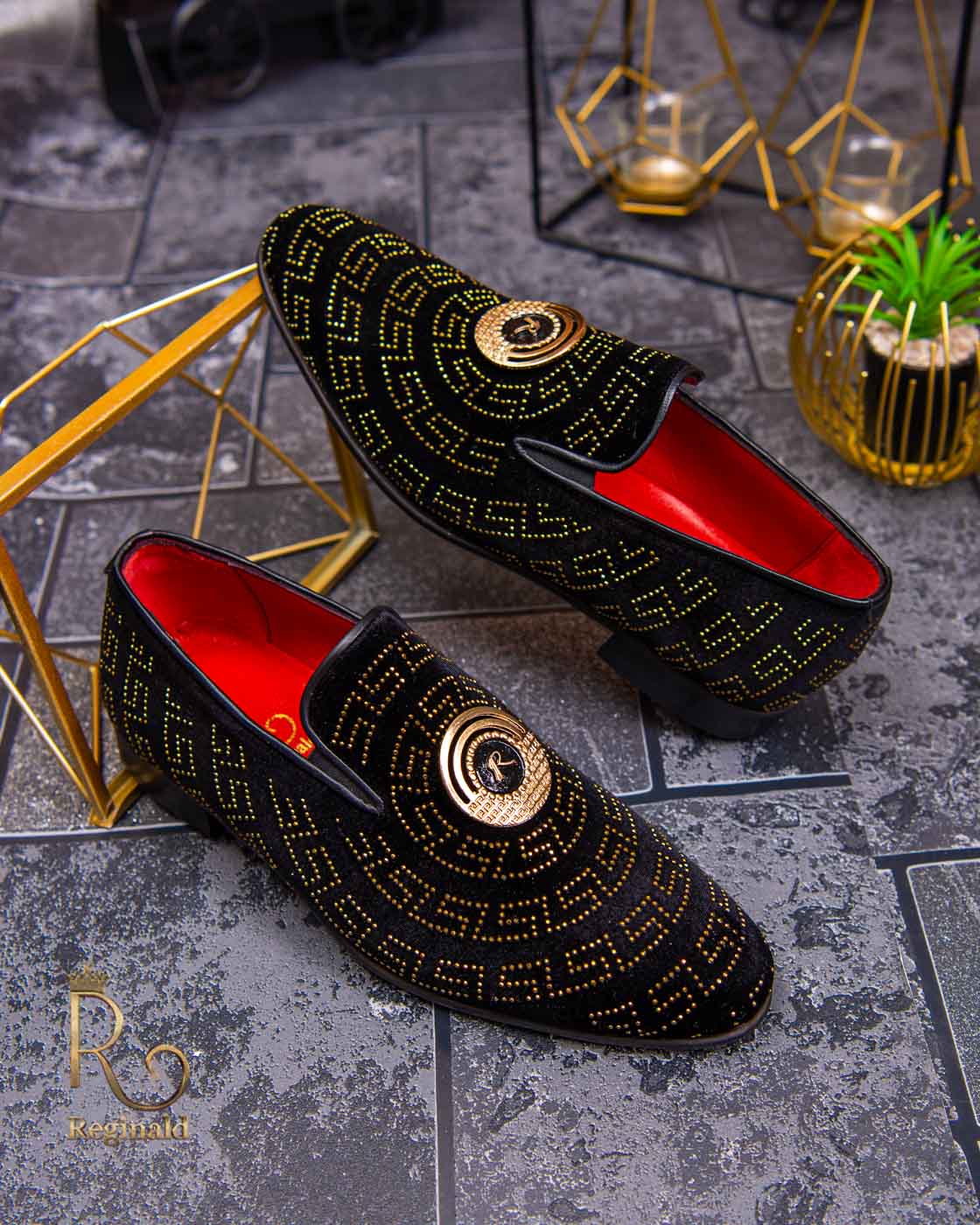 Pantofi Loafers de barbati din piele naturala, catifea, strasuri aurii - P1386