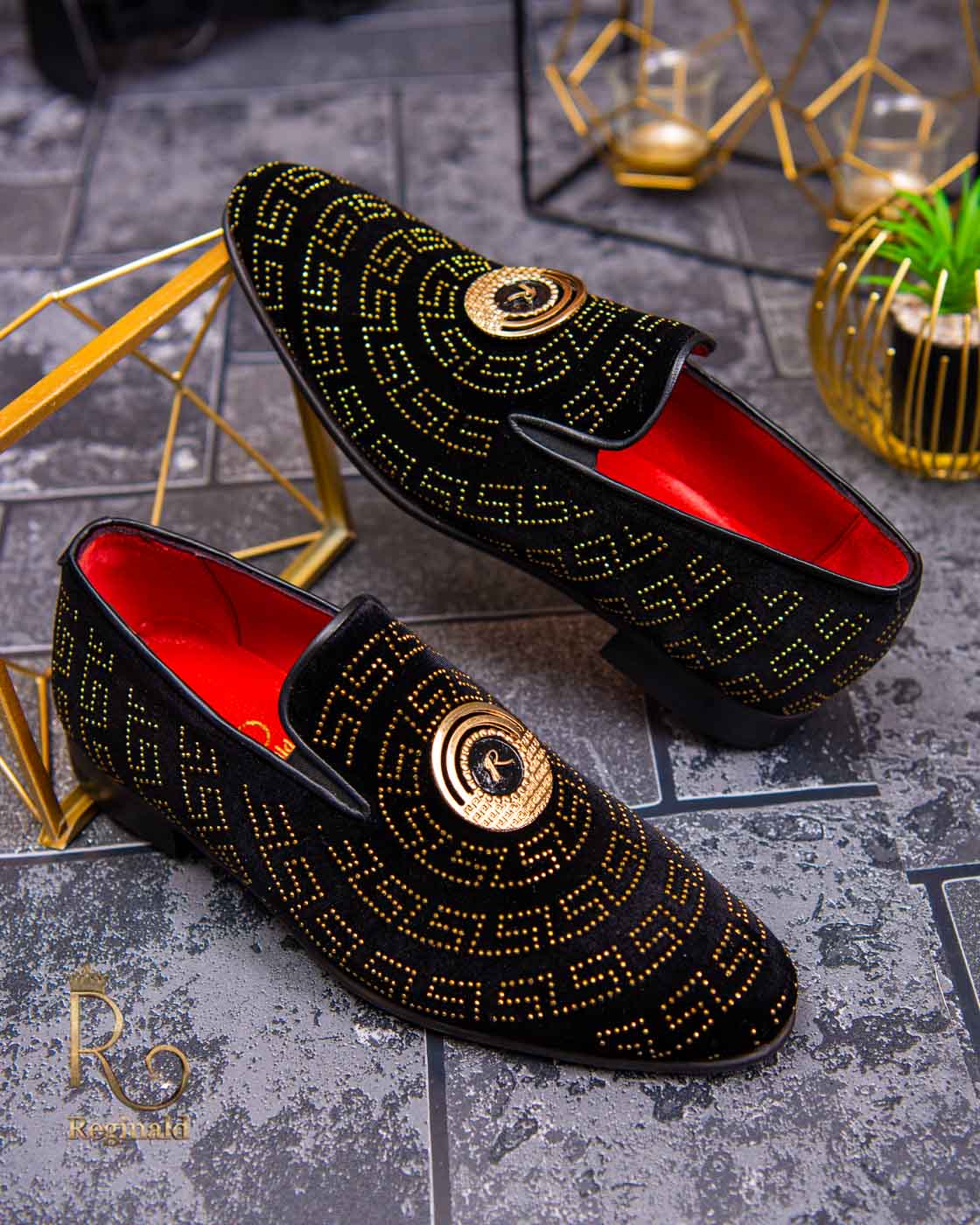 Pantofi Loafers de barbati din piele naturala, catifea, strasuri aurii - P1386 - imagine 4