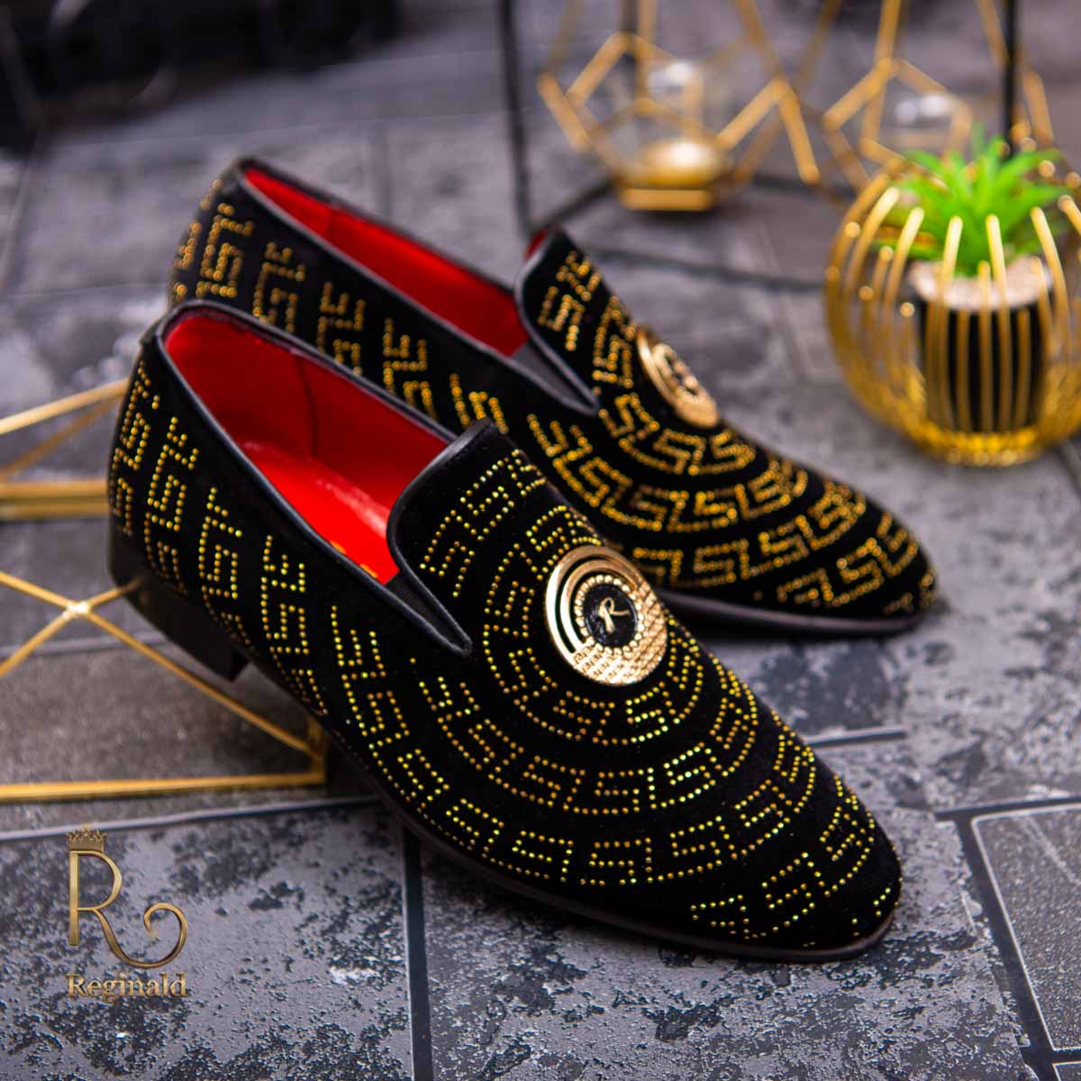 Pantofi Loafers de barbati din piele naturala, catifea, strasuri aurii - P1386 - imagine 2