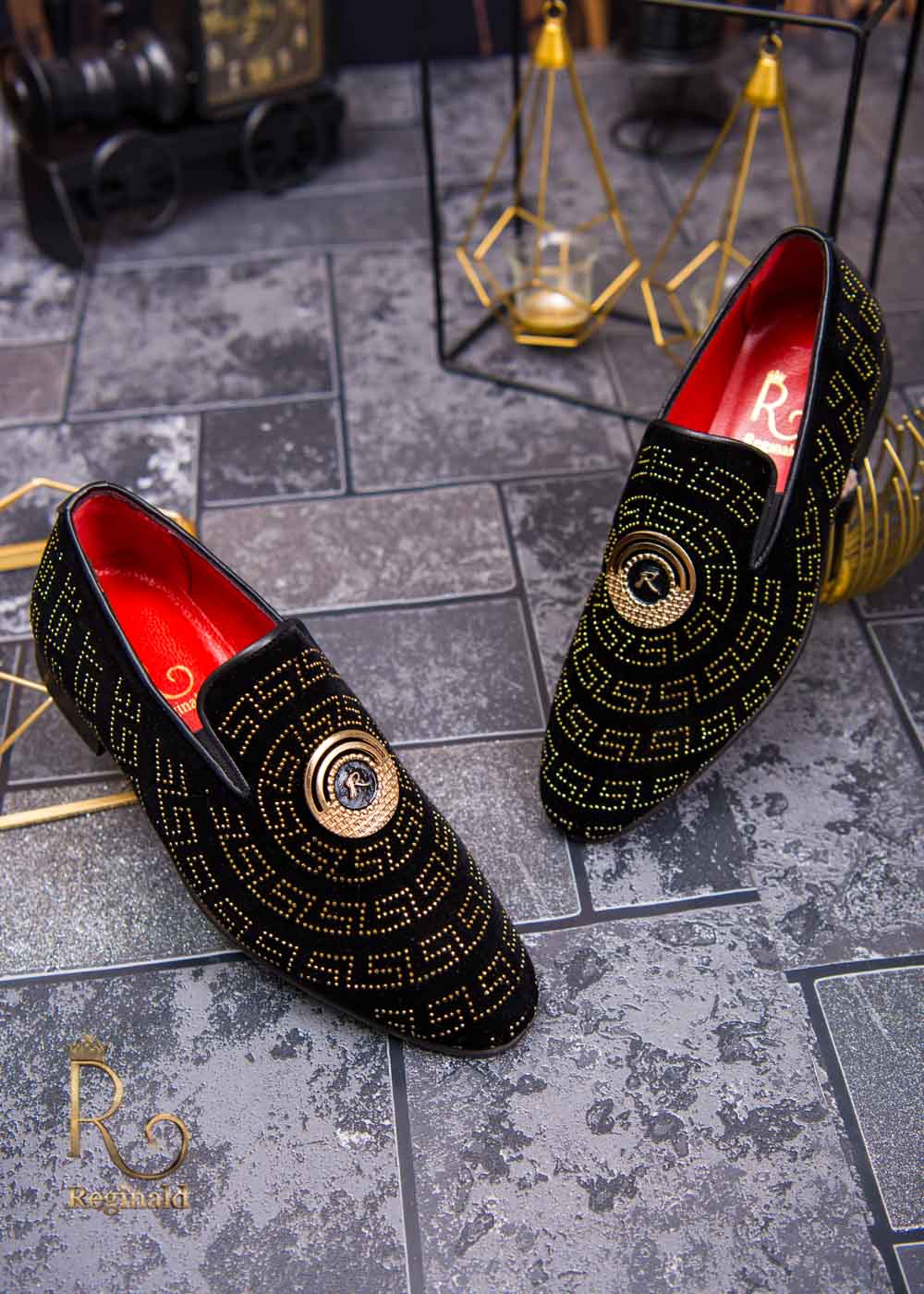 Pantofi Loafers de barbati din piele naturala, catifea, strasuri aurii - P1386 - imagine 3