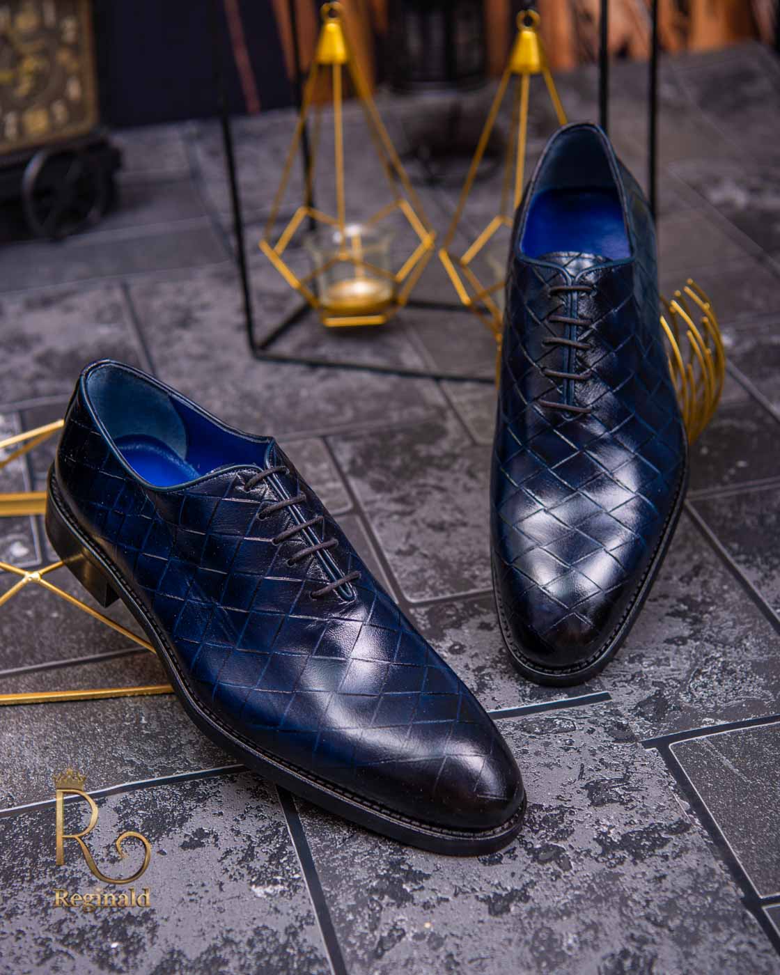 Pantofi eleganti de barbati din piele naturala, bleumarin cu model impletit - P1387