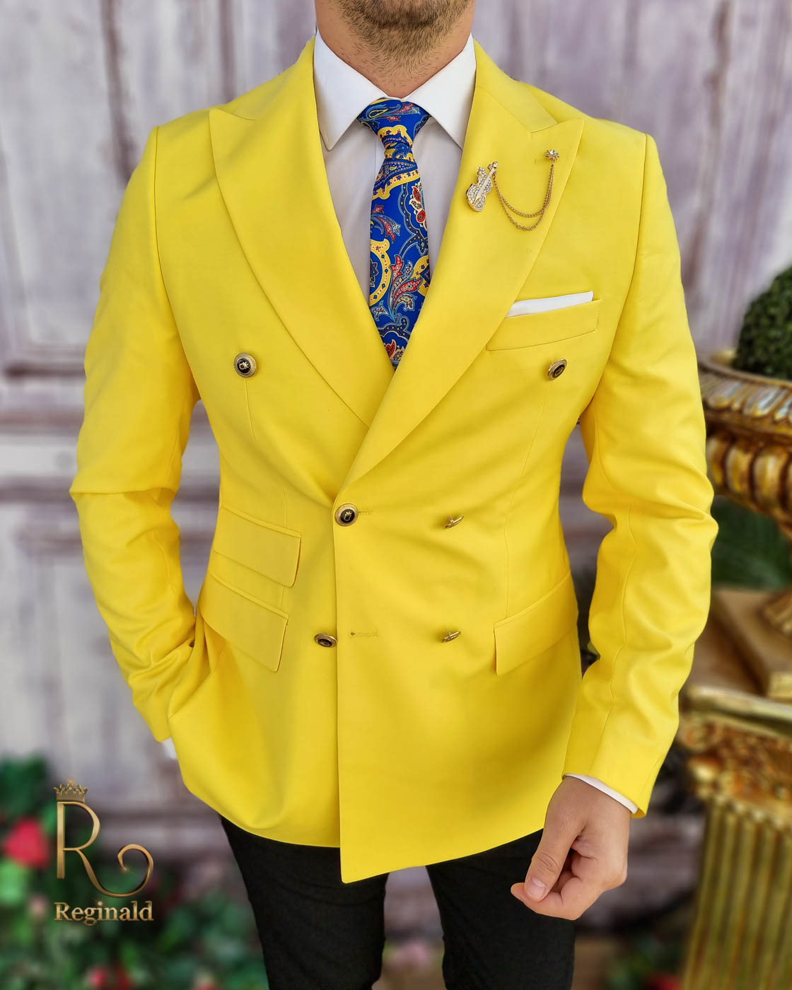 Sacou de barbati, Reginald Slim-Fit, galben, calitate Super wool 200`S - SC564 - imagine 5