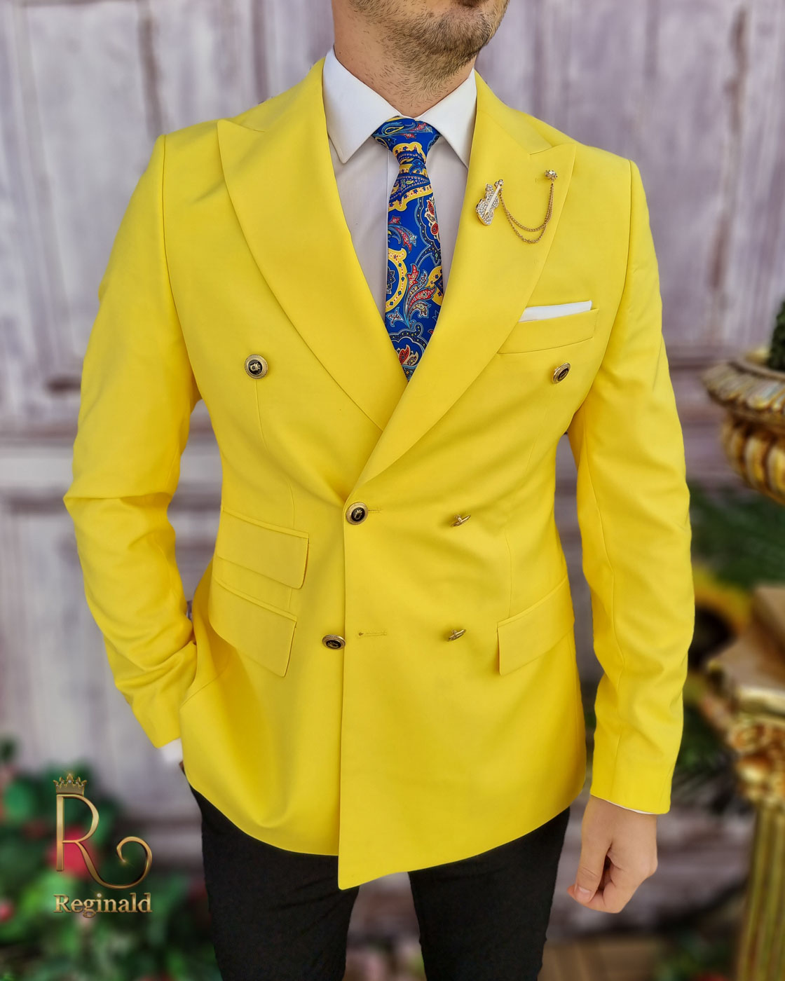 Sacou de barbati, Reginald Slim-Fit, galben, calitate Super wool 200`S - SC564